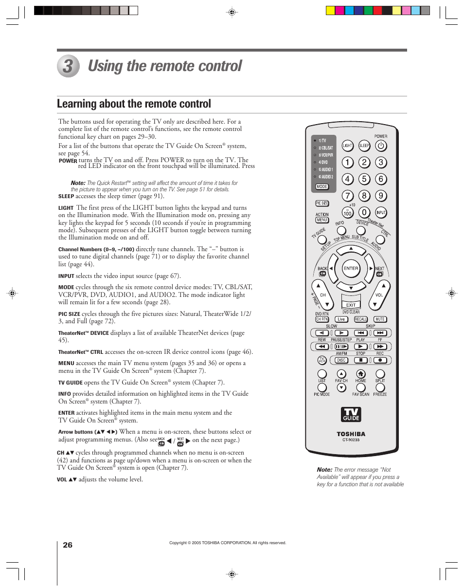 Using the remote control, Learning about the remote control | Toshiba 46HM15 User Manual | Page 26 / 112