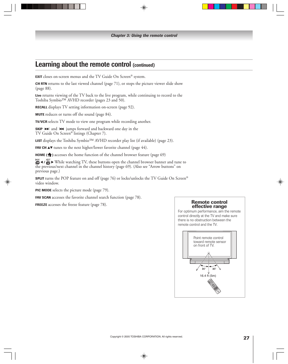 Learning about the remote control | Toshiba 46HM15 User Manual | Page 27 / 112