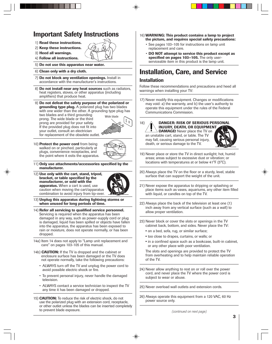 Installation, care, and service, Important safety instructions, Installation | Toshiba 46HM15 User Manual | Page 3 / 112