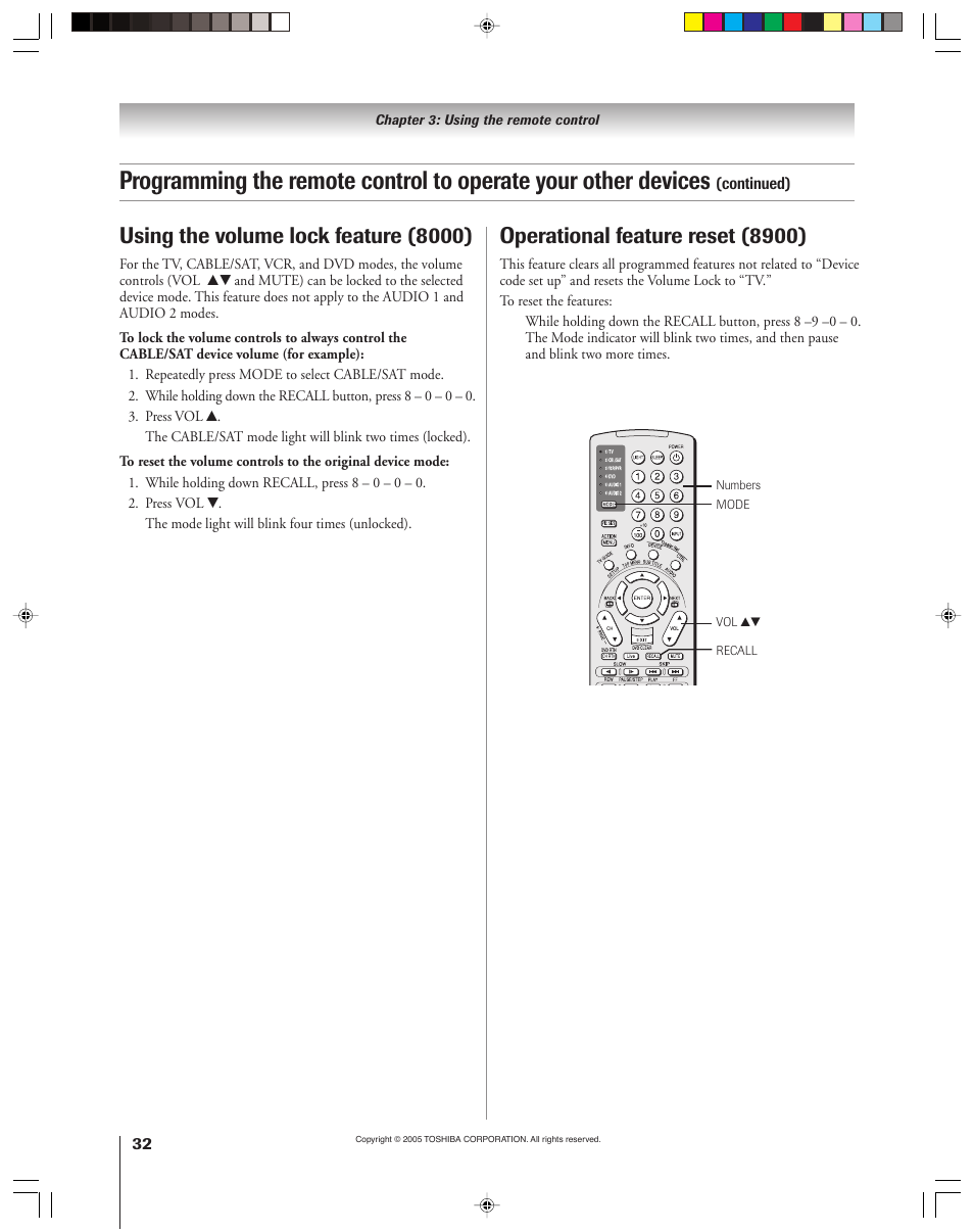 Operational feature reset (8900), Using the volume lock feature (8000) | Toshiba 46HM15 User Manual | Page 32 / 112