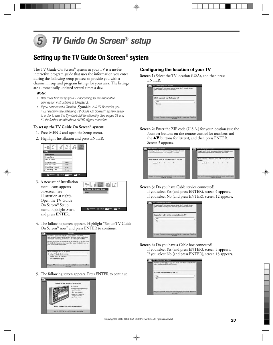 Tv guide on screen, Setup, Setting up the tv guide on screen | System, Configuring the location of your tv | Toshiba 46HM15 User Manual | Page 37 / 112
