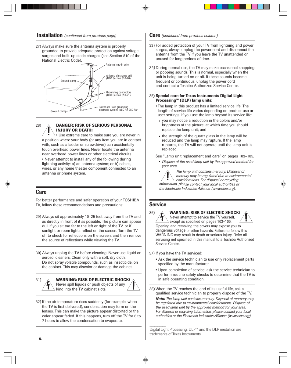 Installation, Care, Service | Toshiba 46HM15 User Manual | Page 4 / 112
