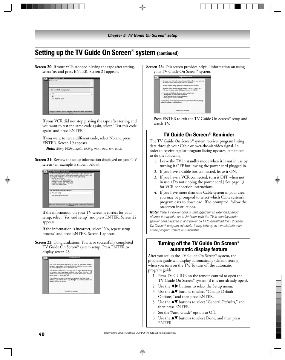 Setting up the tv guide on screen, System, Tv guide on screen | Reminder, Turning off the tv guide on screen, Automatic display feature | Toshiba 46HM15 User Manual | Page 40 / 112
