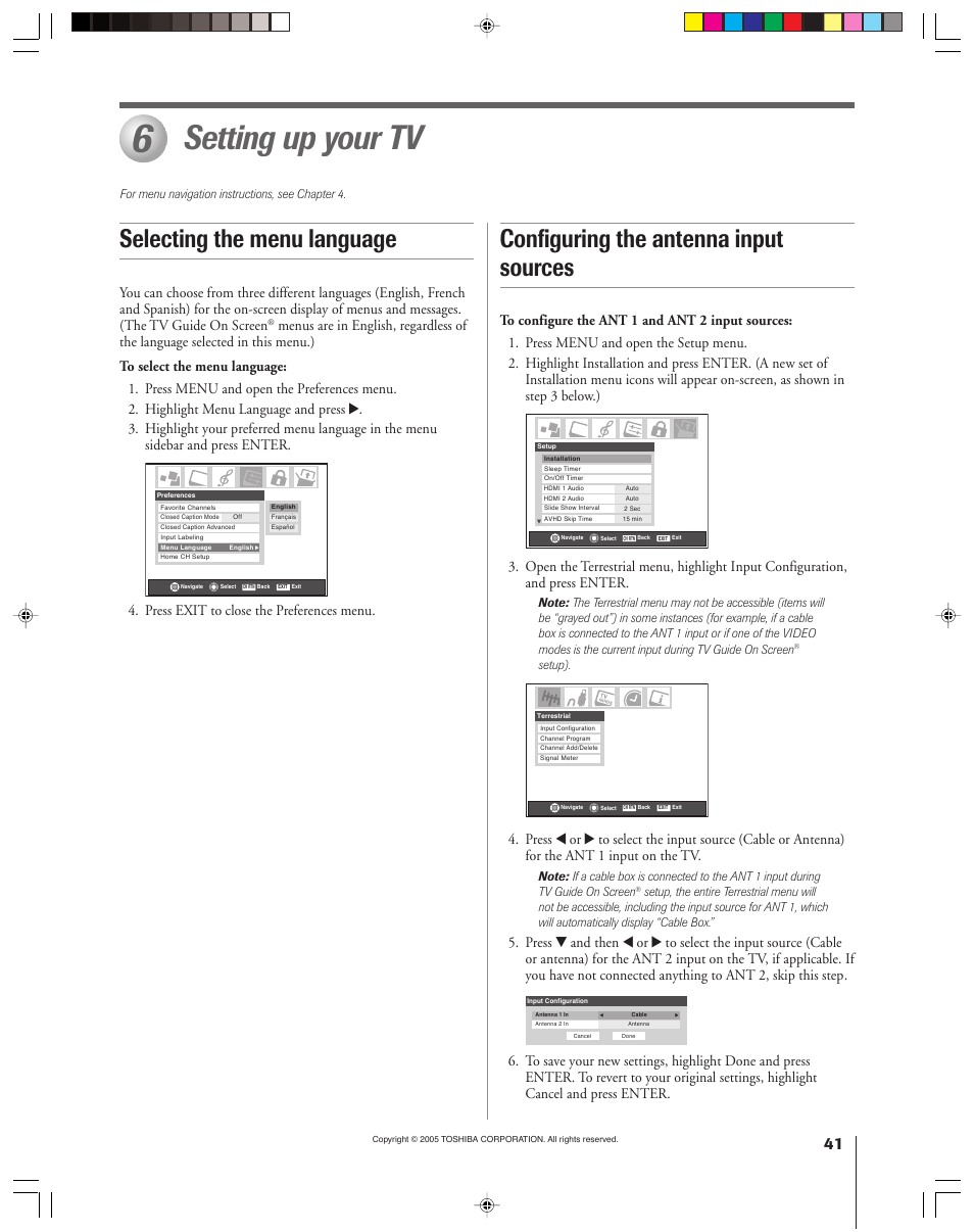 Setting up your tv, Selecting the menu language, Configuring the antenna input sources | Press exit to close the preferences menu | Toshiba 46HM15 User Manual | Page 41 / 112