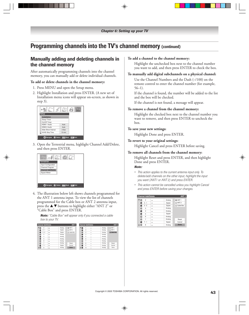 Continued), Chapter 6: setting up your tv | Toshiba 46HM15 User Manual | Page 43 / 112