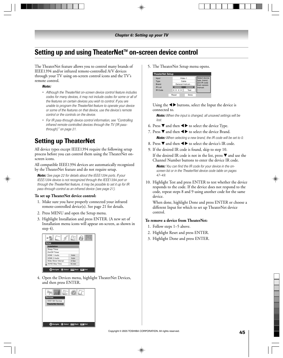 Setting up theaternet, The theaternet setup menu opens | Toshiba 46HM15 User Manual | Page 45 / 112