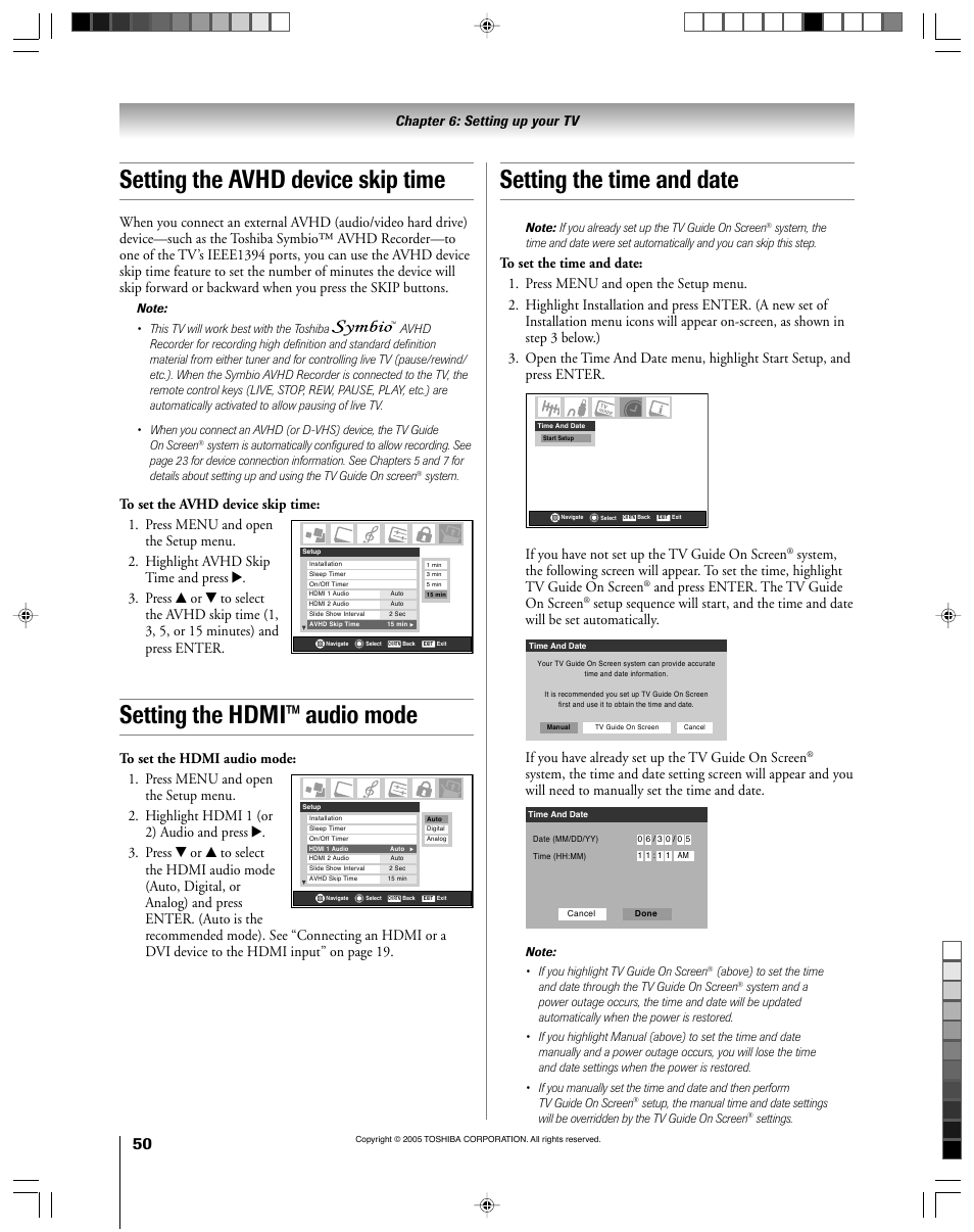 Setting the avhd device skip time, Setting the hdmi™ audio mode, Setting the time and date | If you have not set up the tv guide on screen, And press enter. the tv guide on screen, If you have already set up the tv guide on screen, Chapter 6: setting up your tv | Toshiba 46HM15 User Manual | Page 50 / 112