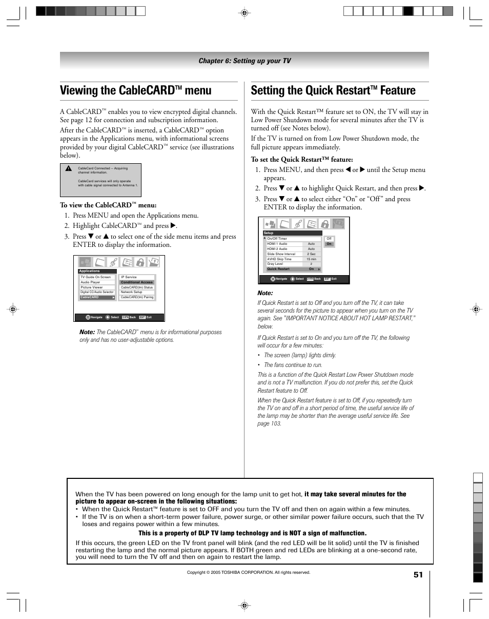 Viewing the cablecard™ menu, Setting the quick restart™ feature, A cablecard | Is inserted, a cablecard, Service (see illustrations below) | Toshiba 46HM15 User Manual | Page 51 / 112