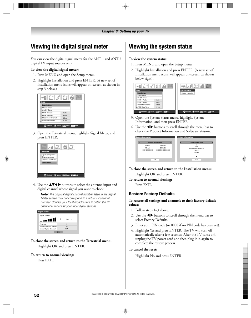 Restore factory defaults, Chapter 6: setting up your tv | Toshiba 46HM15 User Manual | Page 52 / 112