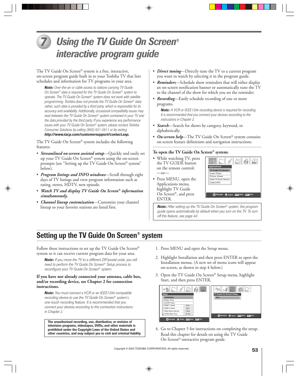 Using the tv guide on screen, Interactive program guide, Setting up the tv guide on screen | System | Toshiba 46HM15 User Manual | Page 53 / 112