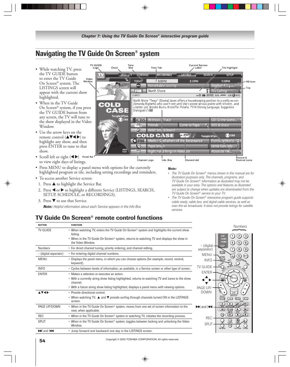 Navigating the tv guide on screen, System, Tv guide on screen | Remote control functions | Toshiba 46HM15 User Manual | Page 54 / 112