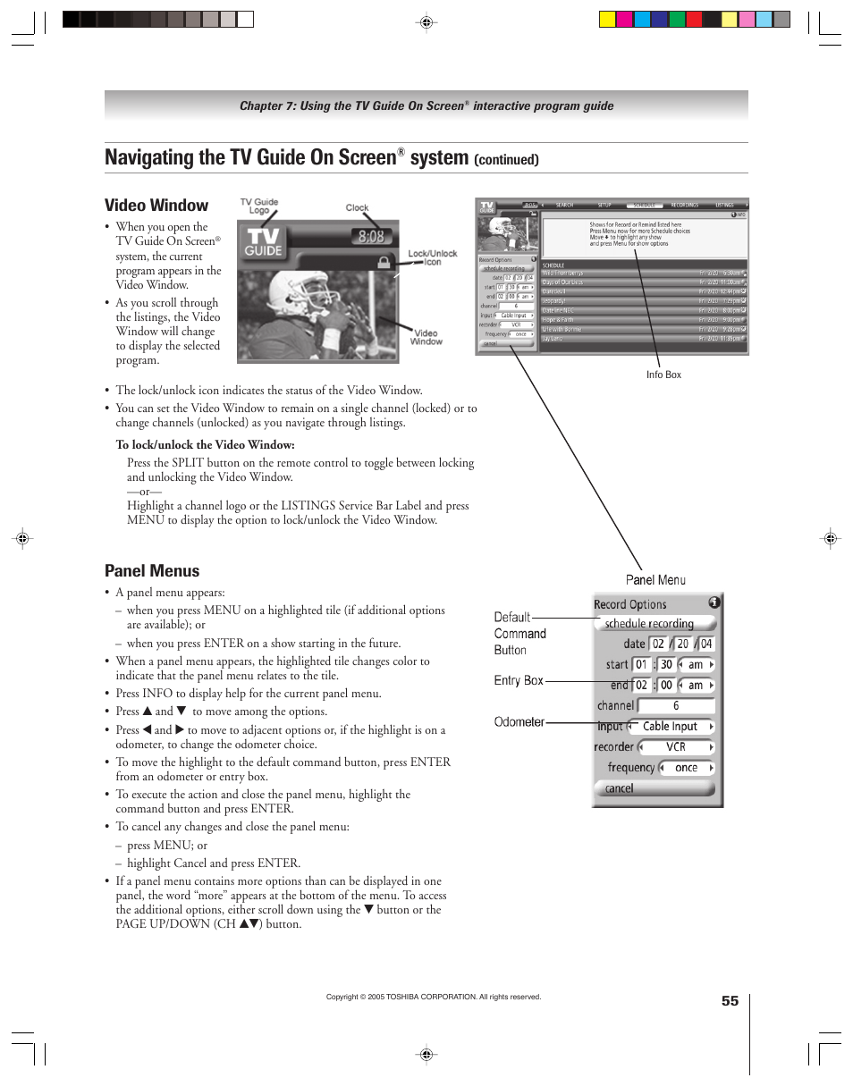 Navigating the tv guide on screen, System, Panel menus | Video window | Toshiba 46HM15 User Manual | Page 55 / 112