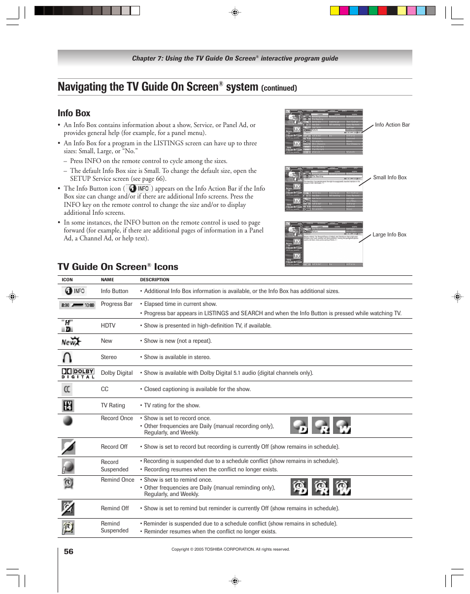 Navigating the tv guide on screen, System, Tv guide on screen | Icons, Info box | Toshiba 46HM15 User Manual | Page 56 / 112