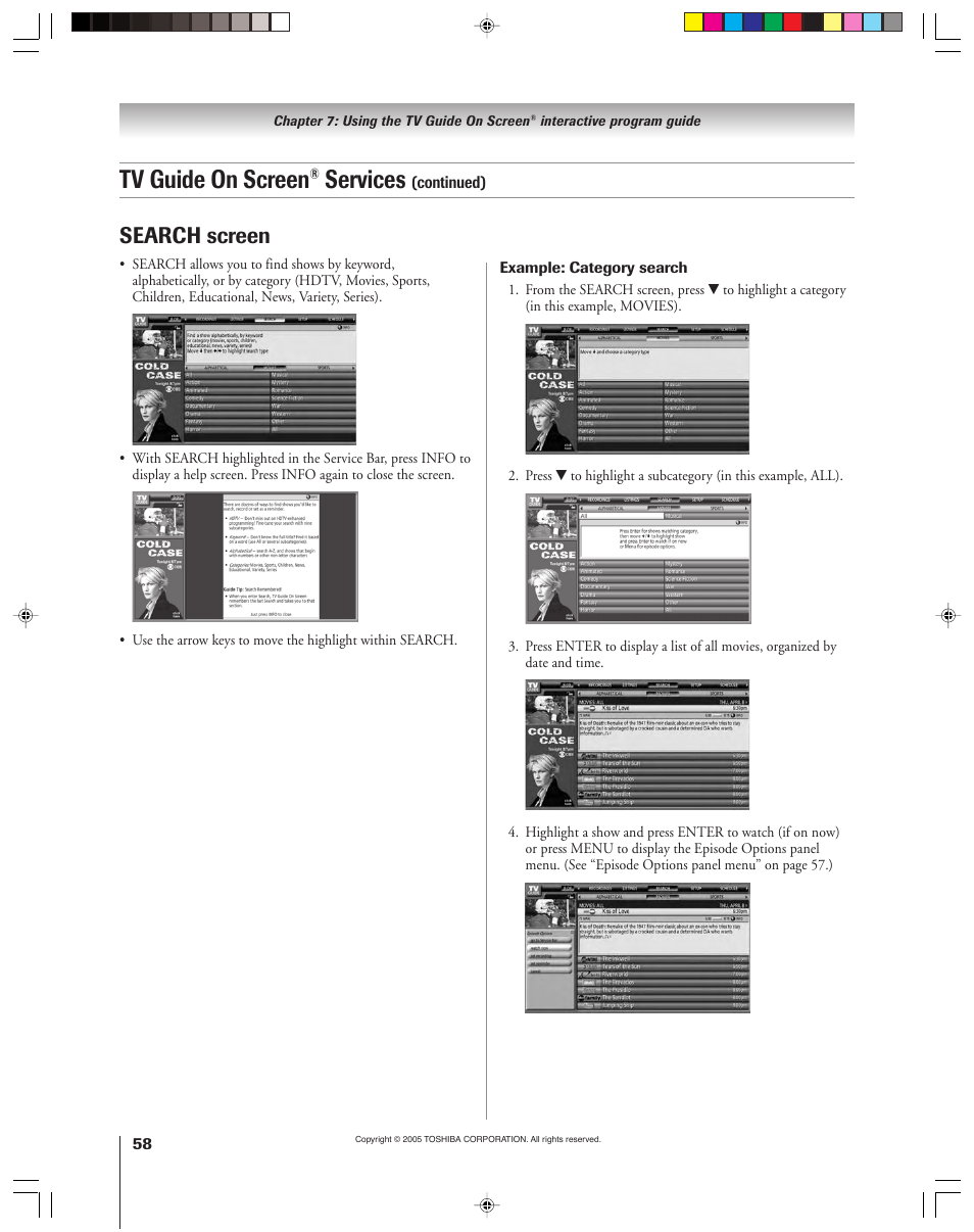 Tv guide on screen, Services, Search screen | Toshiba 46HM15 User Manual | Page 58 / 112