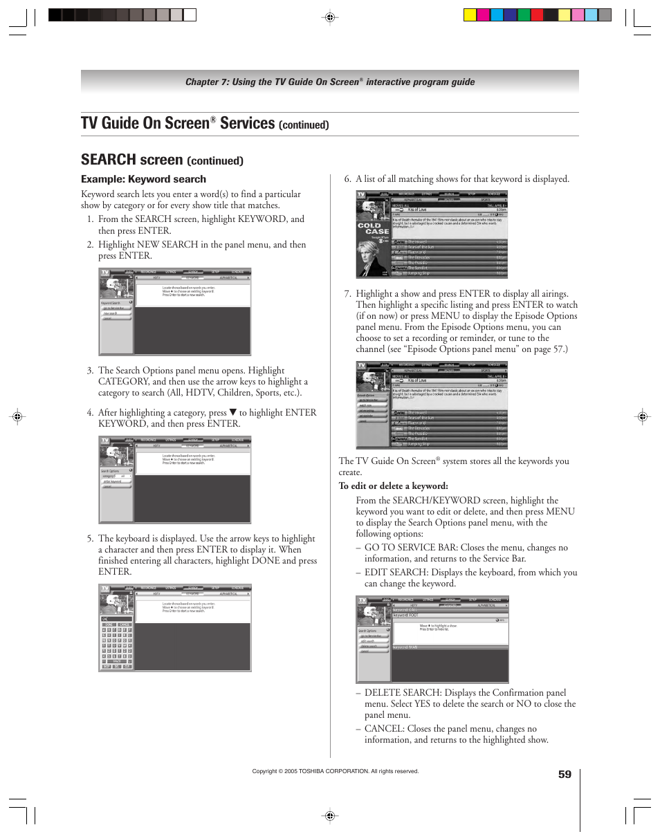 Tv guide on screen, Services, Search screen | Toshiba 46HM15 User Manual | Page 59 / 112