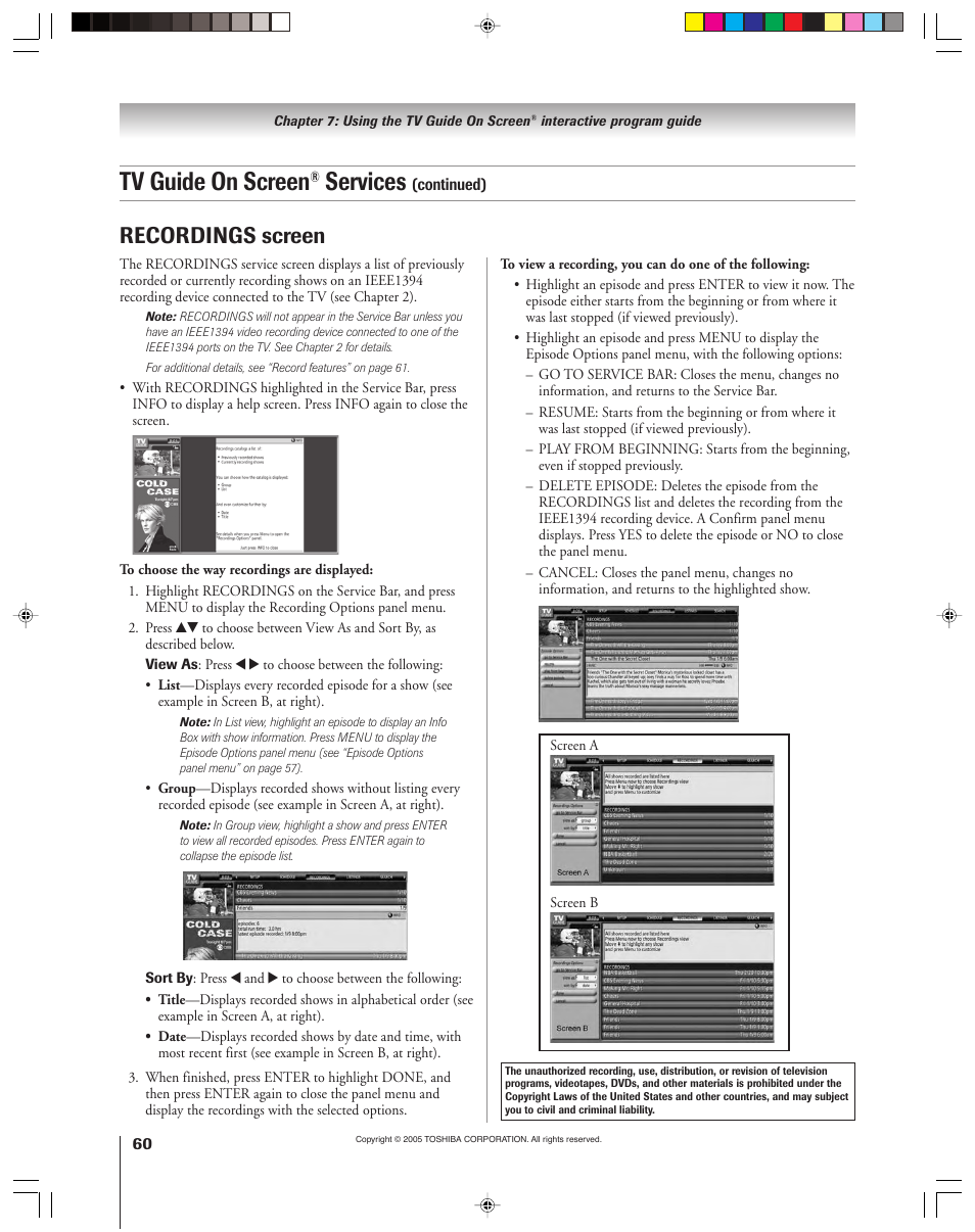 Tv guide on screen, Services, Recordings screen | Toshiba 46HM15 User Manual | Page 60 / 112