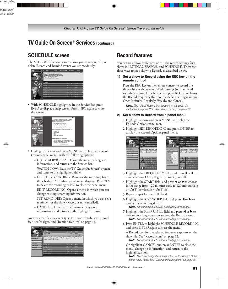 Tv guide on screen, Services, Schedule screen | Record features | Toshiba 46HM15 User Manual | Page 61 / 112