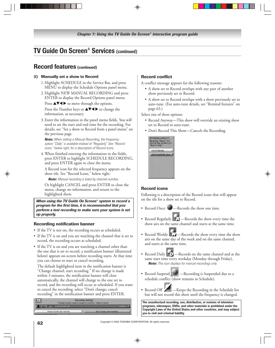 Tv guide on screen, Services, Record features | Toshiba 46HM15 User Manual | Page 62 / 112