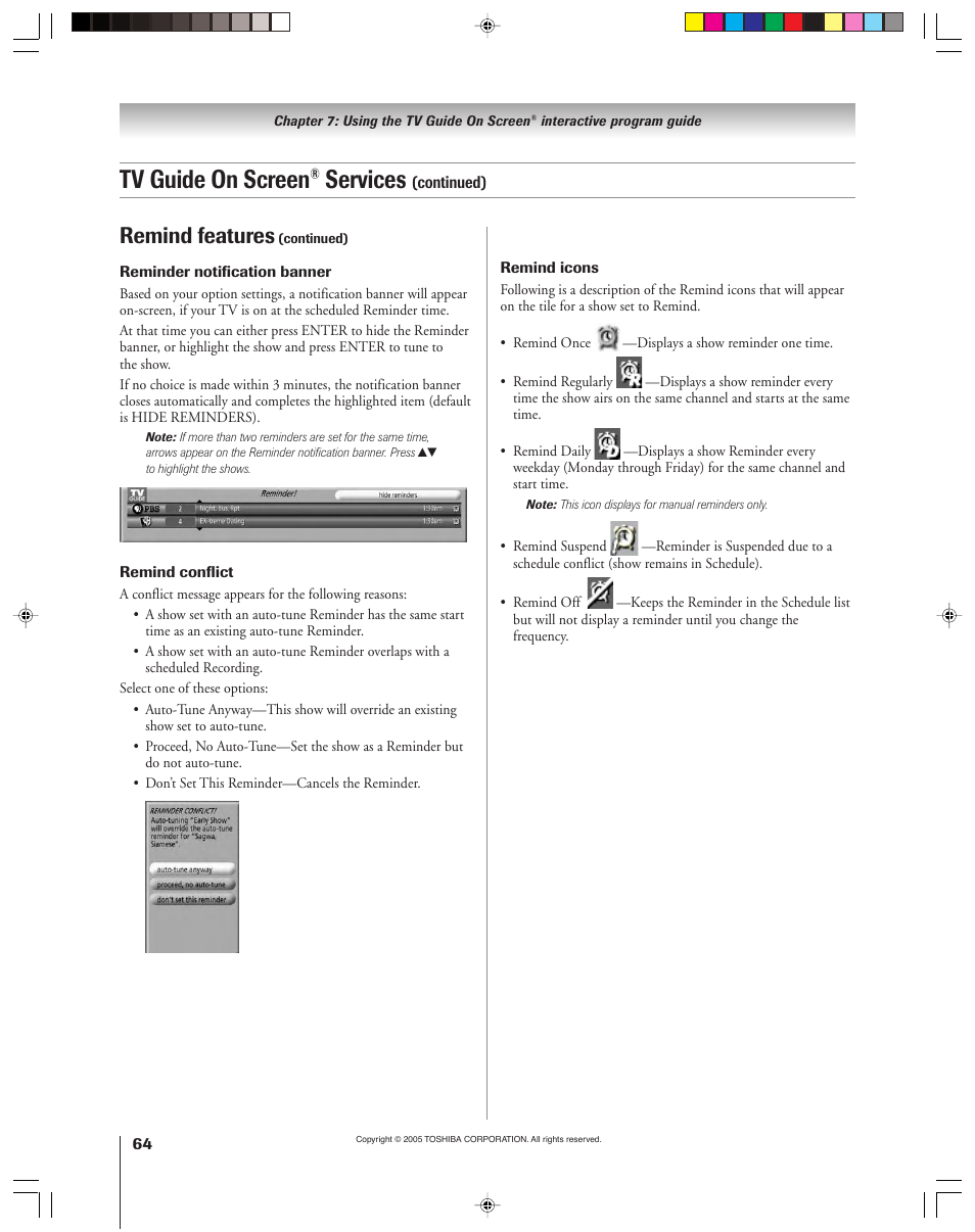 Tv guide on screen, Services, Remind features | Toshiba 46HM15 User Manual | Page 64 / 112