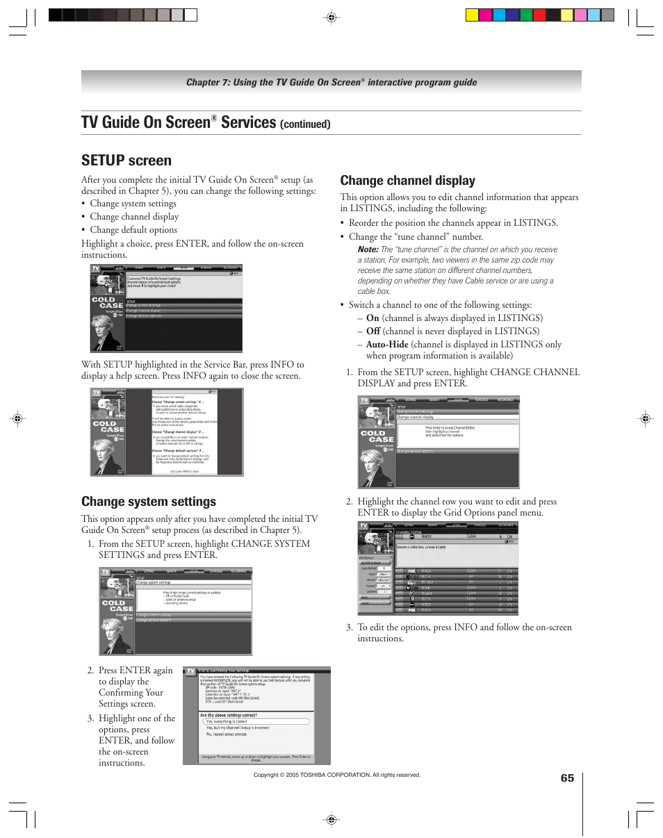 Tv guide on screen, Services, Setup screen | Change system settings, Change channel display | Toshiba 46HM15 User Manual | Page 65 / 112
