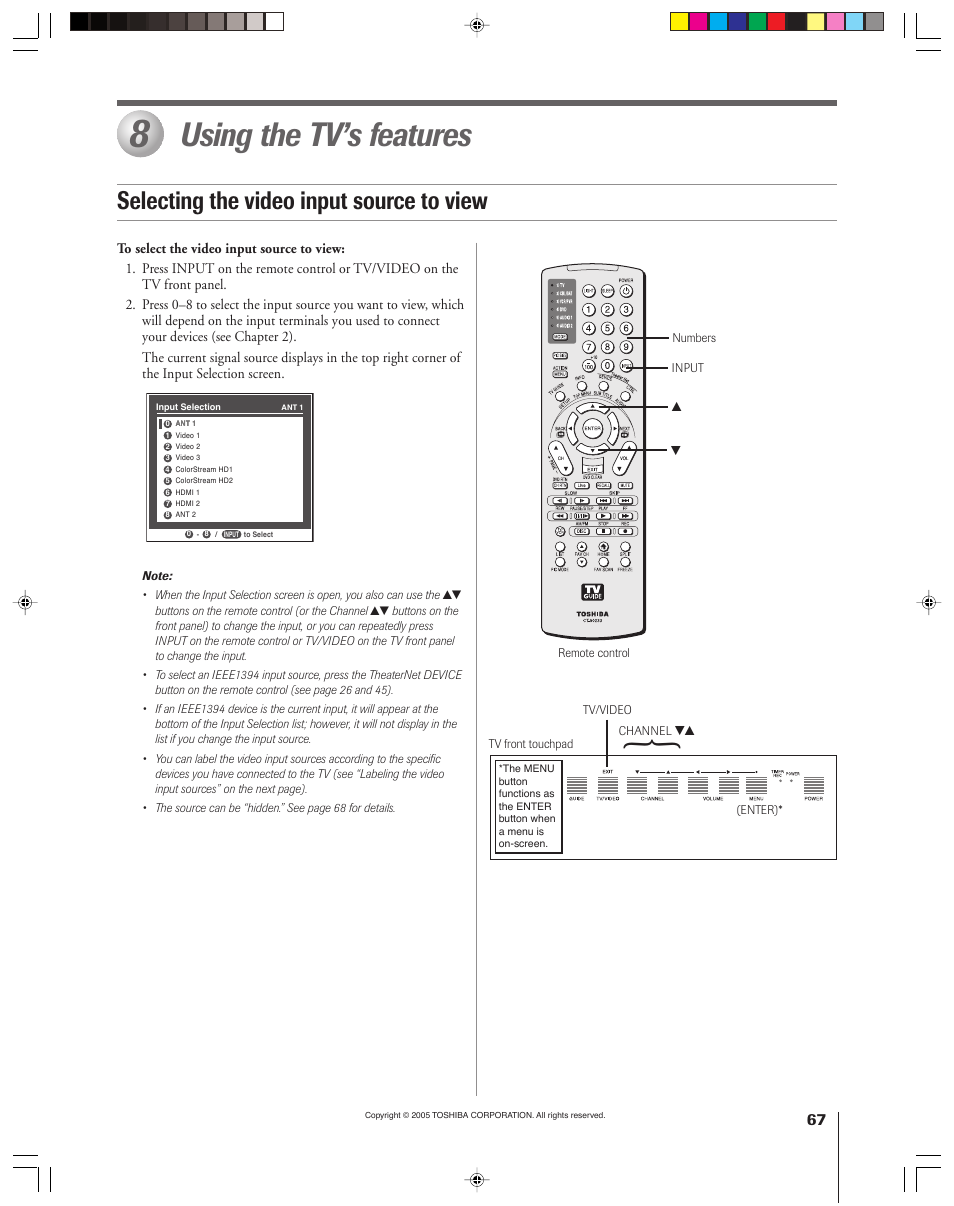 Using the tv’s features, Selecting the video input source to view | Toshiba 46HM15 User Manual | Page 67 / 112