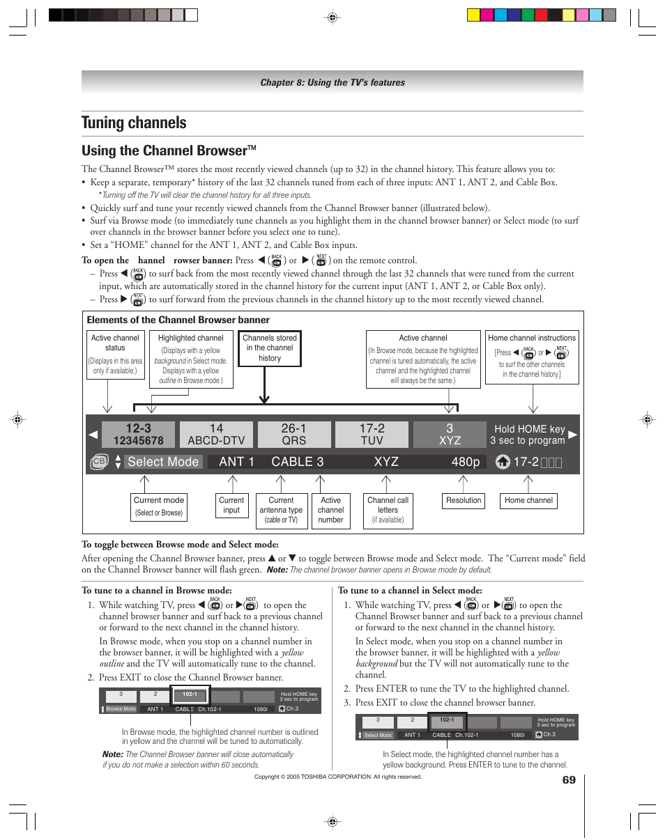 Tuning channels, Using the channel browser, Abcd-dtv | Toshiba 46HM15 User Manual | Page 69 / 112