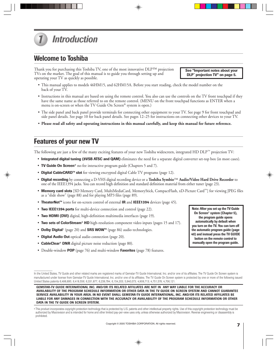 Introduction, Welcome to toshiba features of your new tv | Toshiba 46HM15 User Manual | Page 7 / 112