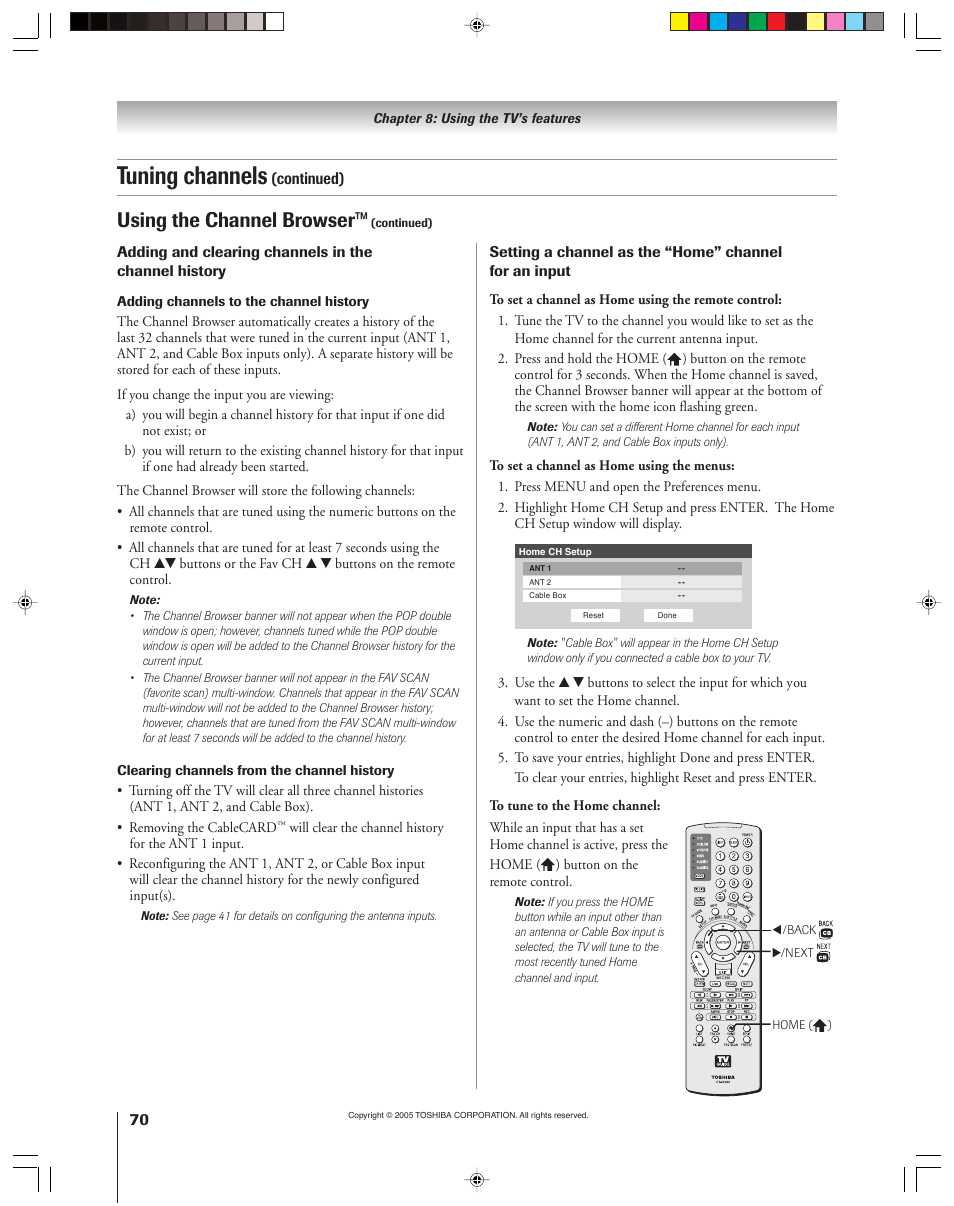 Tuning channels, Using the channel browser | Toshiba 46HM15 User Manual | Page 70 / 112
