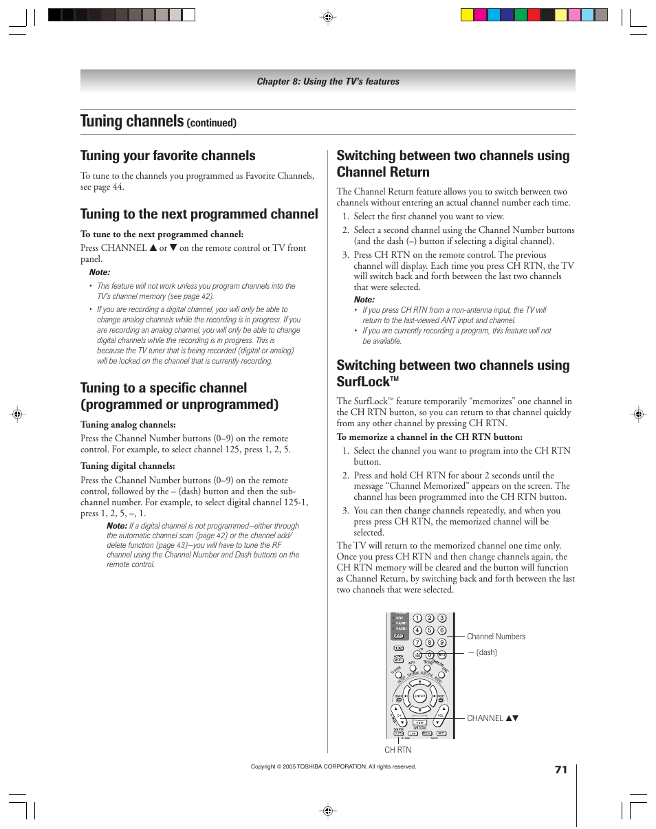 Tuning channels, Tuning your favorite channels, Tuning to the next programmed channel | Switching between two channels using surflock | Toshiba 46HM15 User Manual | Page 71 / 112