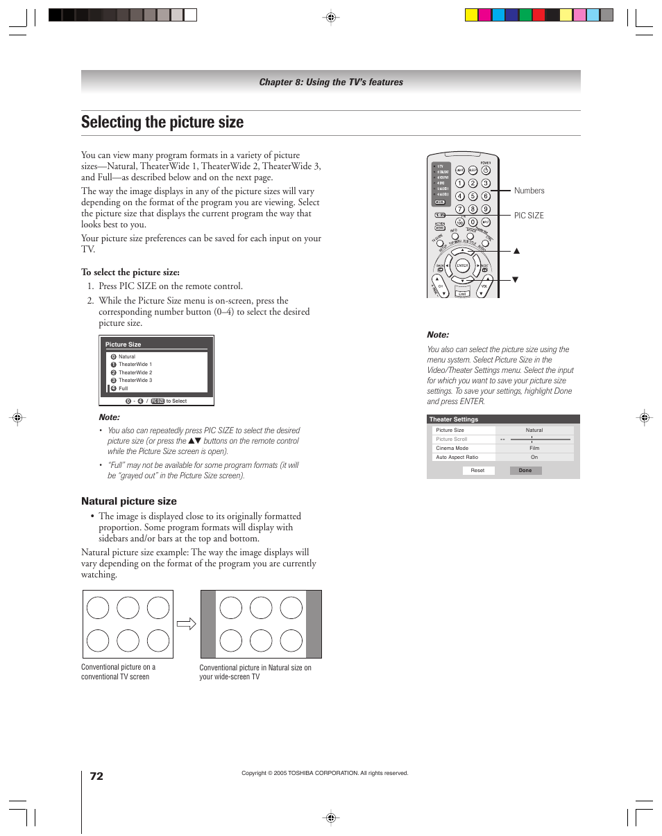 Selecting the picture size, Natural picture size | Toshiba 46HM15 User Manual | Page 72 / 112