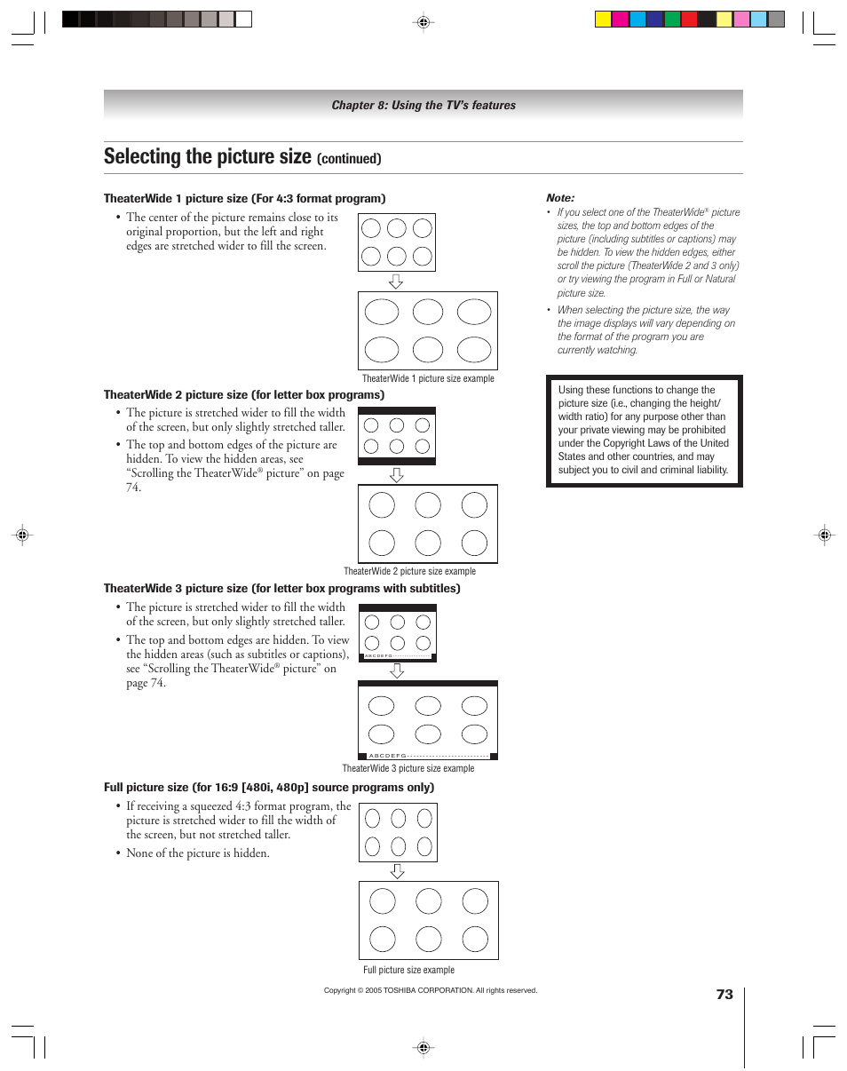 Selecting the picture size, Continued) | Toshiba 46HM15 User Manual | Page 73 / 112