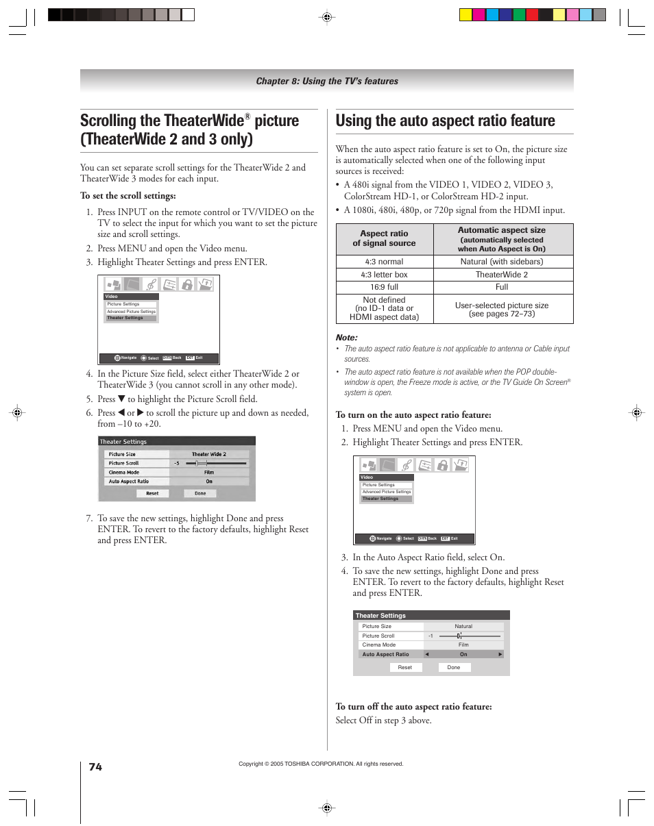 Using the auto aspect ratio feature, Scrolling the theaterwide, Picture (theaterwide 2 and 3 only) | Toshiba 46HM15 User Manual | Page 74 / 112