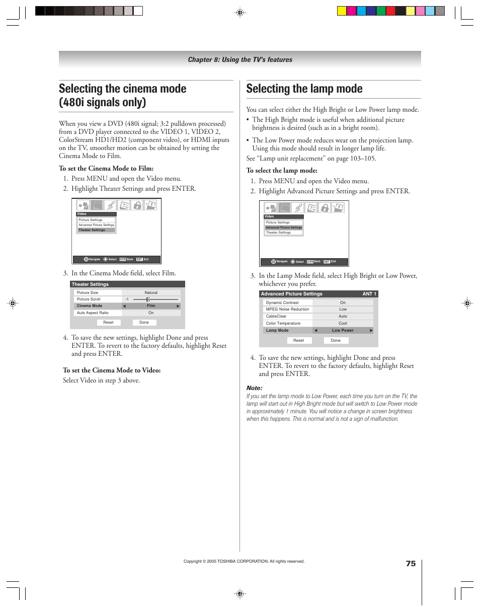 Selecting the lamp mode, Selecting the cinema mode (480i signals only), Chapter 8: using the tv’s features | Toshiba 46HM15 User Manual | Page 75 / 112