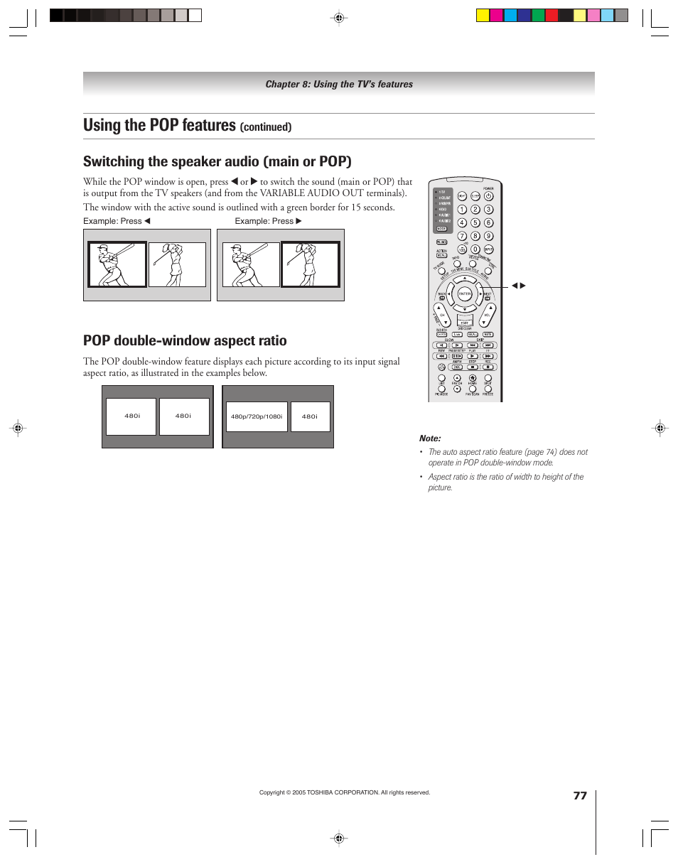 Using the pop features, Switching the speaker audio (main or pop), Pop double-window aspect ratio | Toshiba 46HM15 User Manual | Page 77 / 112
