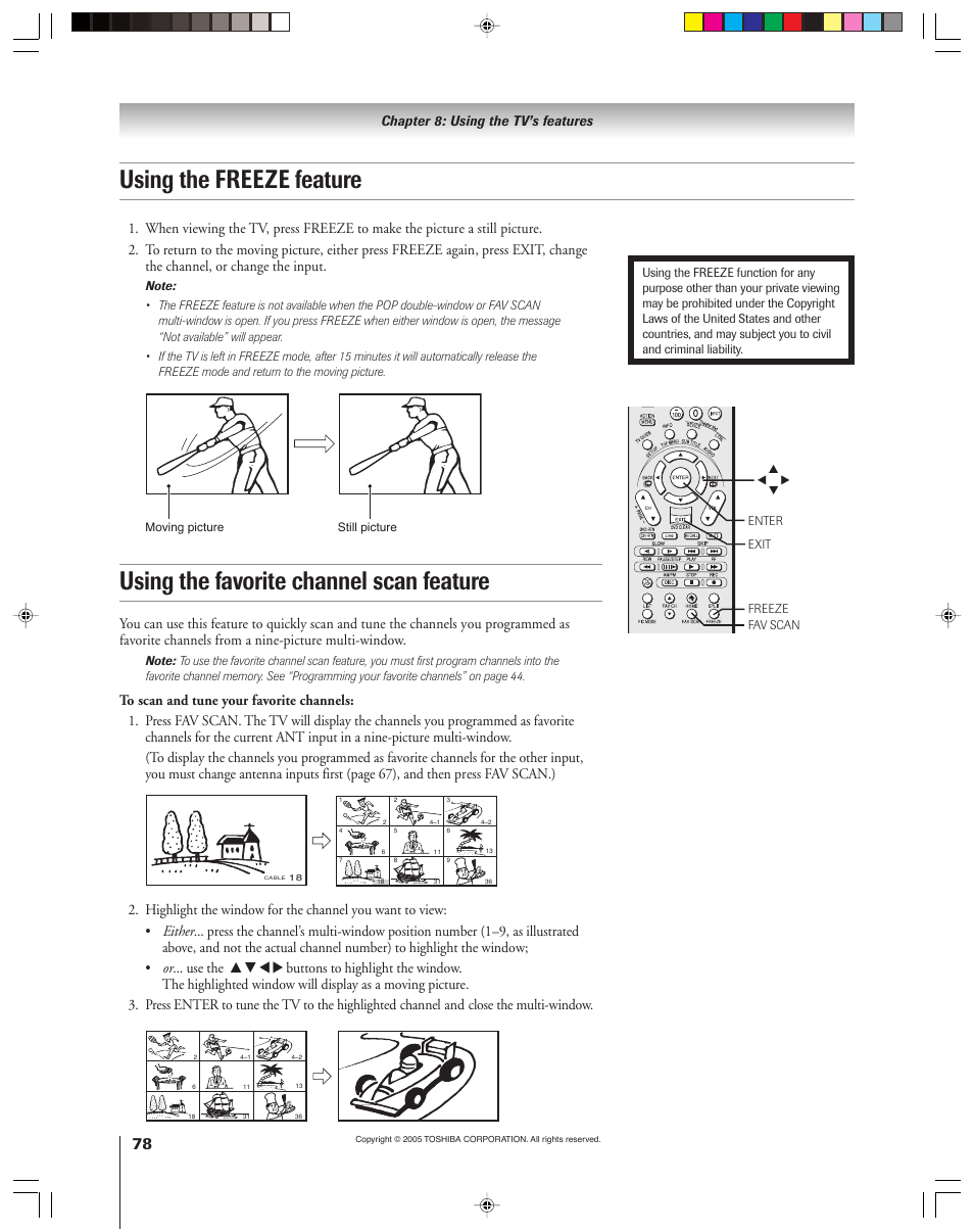 Using the favorite channel scan feature, Using the freeze feature | Toshiba 46HM15 User Manual | Page 78 / 112