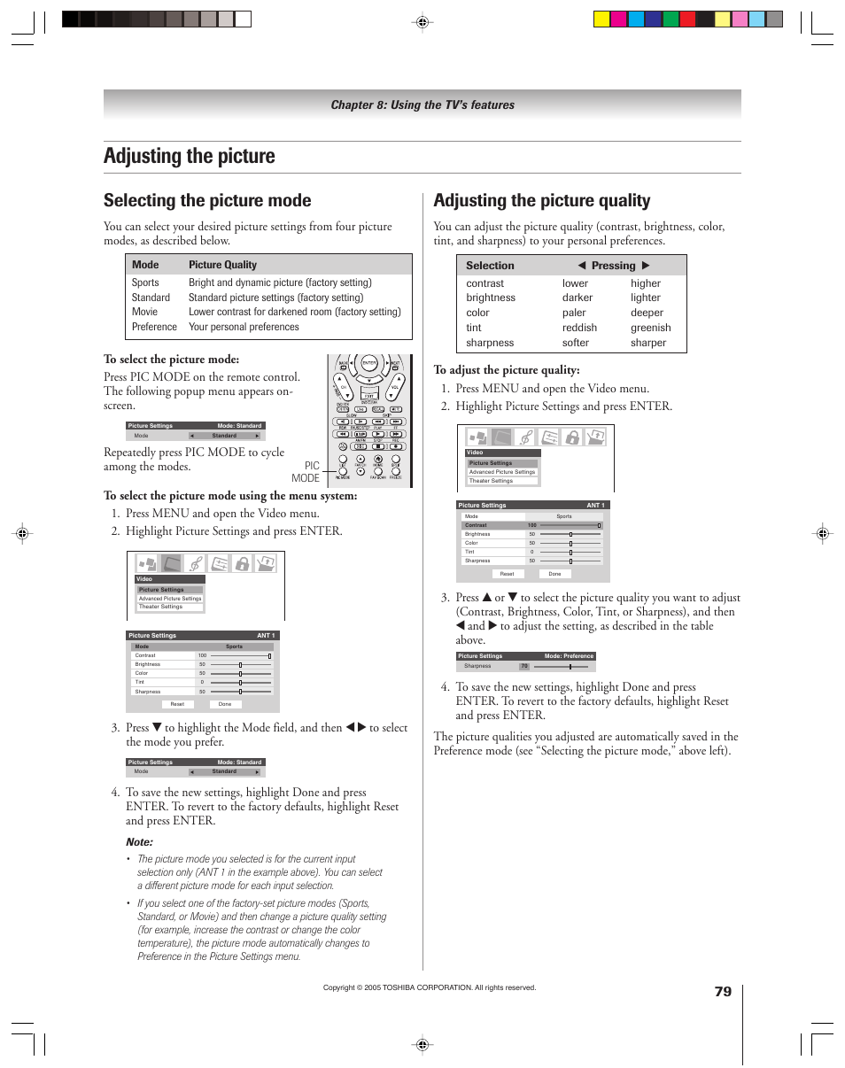 Adjusting the picture, Selecting the picture mode, Adjusting the picture quality | Toshiba 46HM15 User Manual | Page 79 / 112