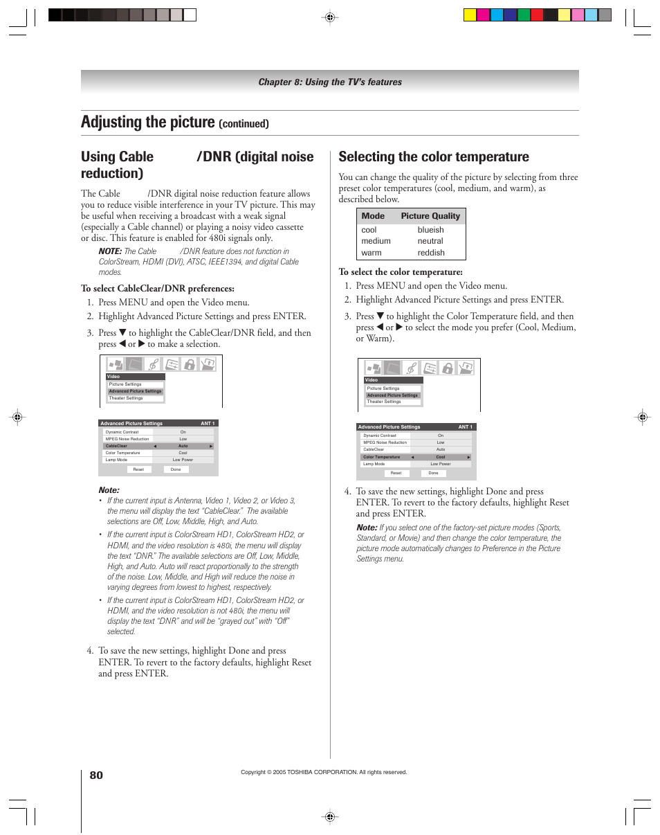 Adjusting the picture, Using cable clear®/dnr (digital noise reduction), Selecting the color temperature | Continued) | Toshiba 46HM15 User Manual | Page 80 / 112