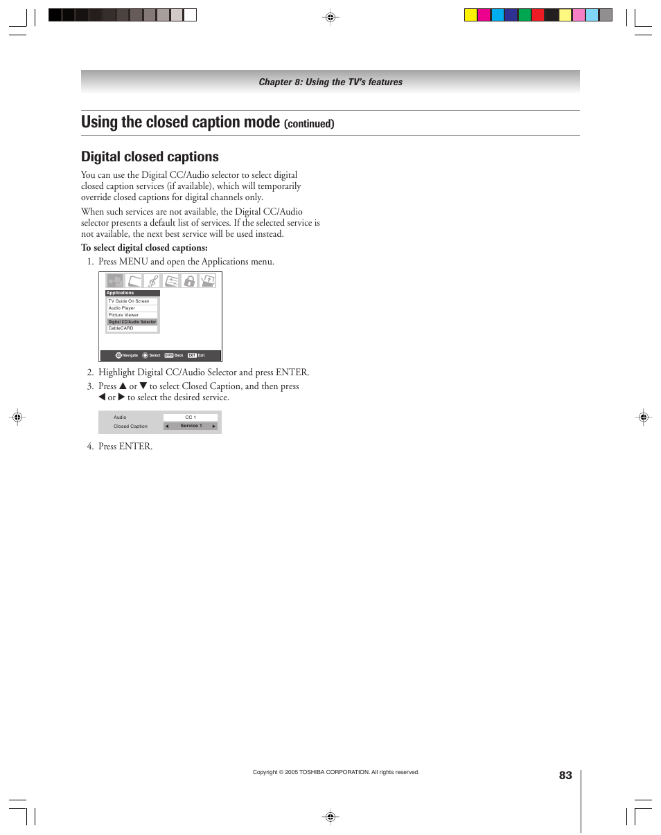 Using the closed caption mode, Digital closed captions, Continued) | Press enter | Toshiba 46HM15 User Manual | Page 83 / 112