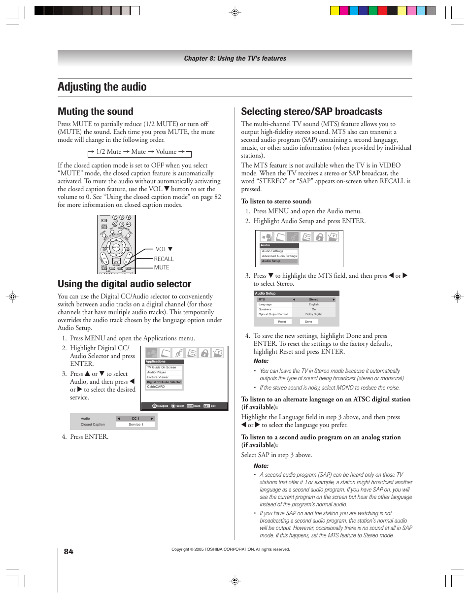 Adjusting the audio, Muting the sound, Selecting stereo/sap broadcasts | Using the digital audio selector, Press enter | Toshiba 46HM15 User Manual | Page 84 / 112