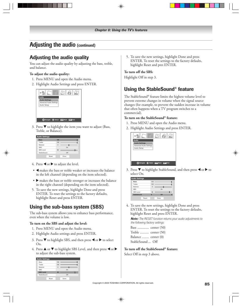 Adjusting the audio, Using the stablesound, Feature | Adjusting the audio quality, Using the sub-bass system (sbs), Continued), The stablesound, Feature: select off in step 3 above, Chapter 8: using the tv’s features | Toshiba 46HM15 User Manual | Page 85 / 112