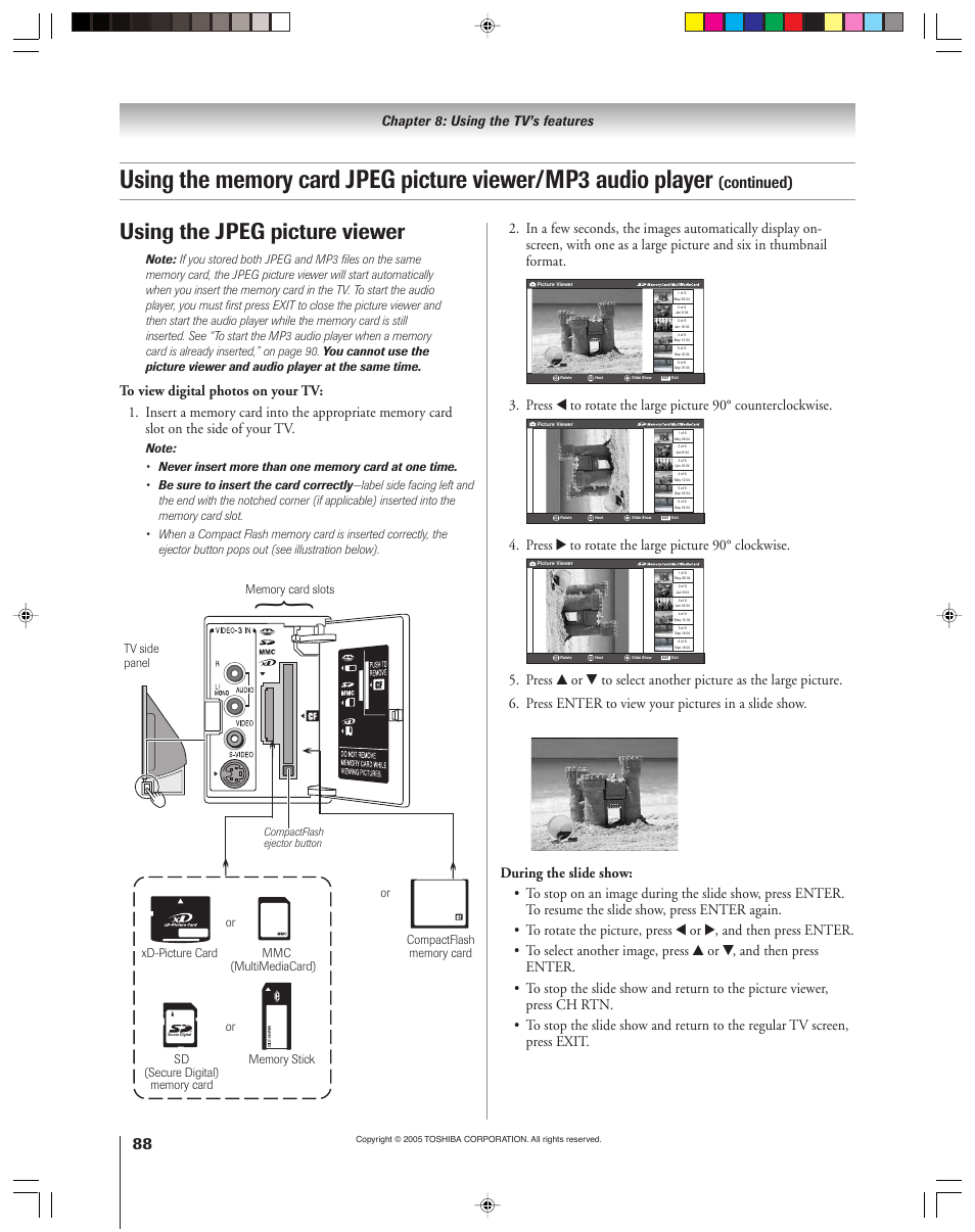 Using the jpeg picture viewer, Continued), Press • to rotate the large picture 90° clockwise | Chapter 8: using the tv’s features | Toshiba 46HM15 User Manual | Page 88 / 112