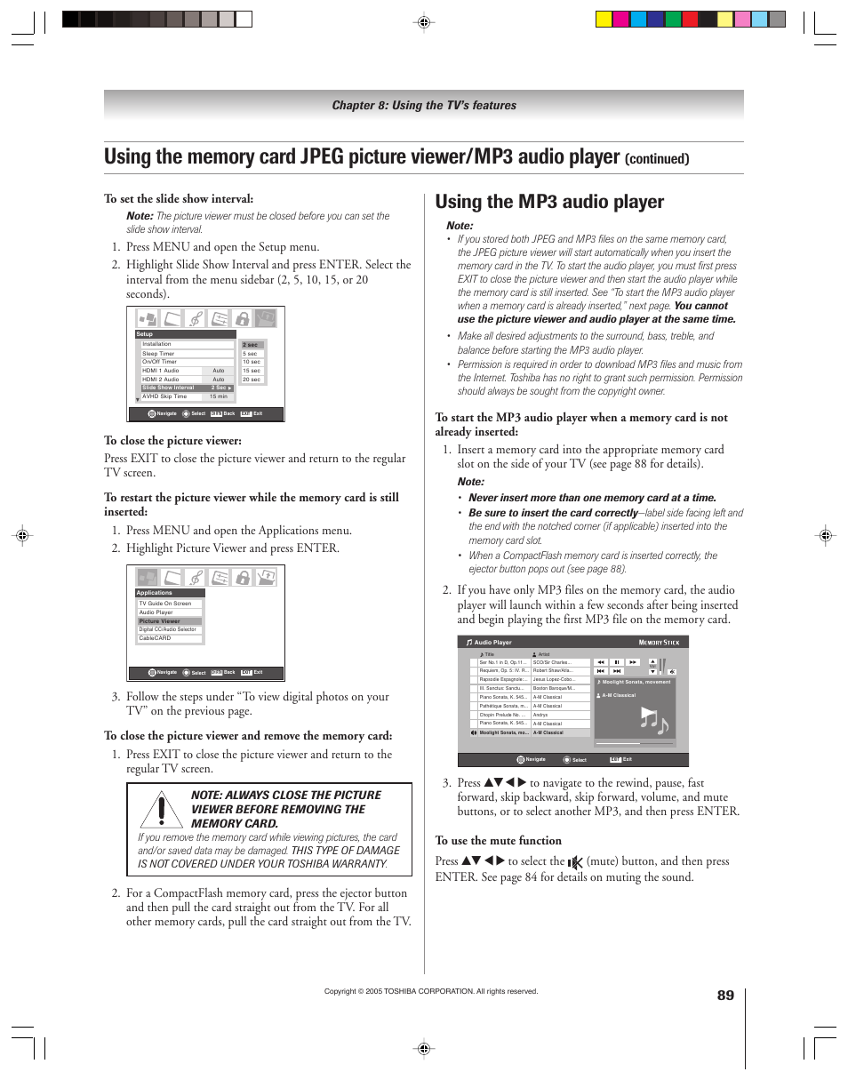 Using the mp3 audio player, Continued), Chapter 8: using the tv’s features | Toshiba 46HM15 User Manual | Page 89 / 112