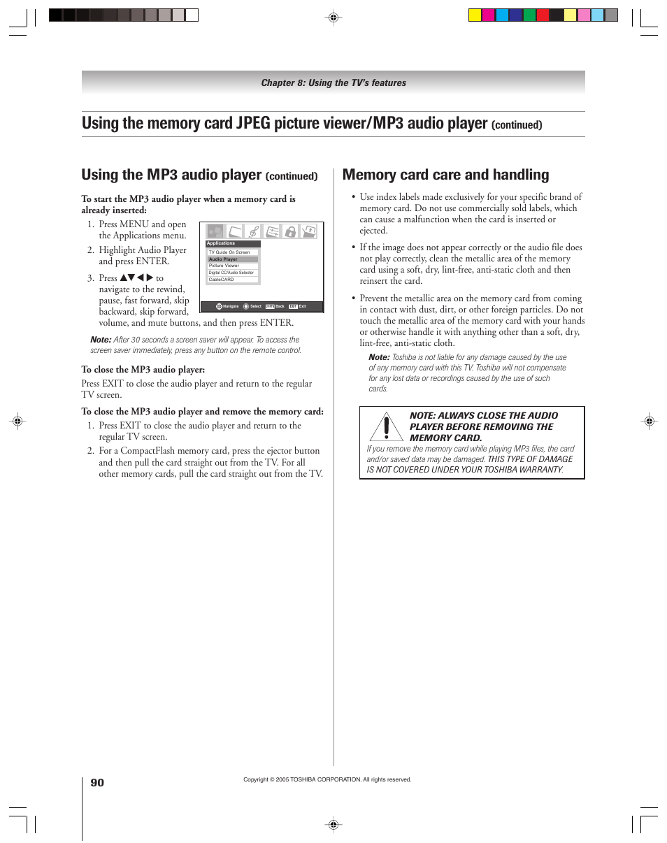 Using the mp3 audio player, Continued) | Toshiba 46HM15 User Manual | Page 90 / 112