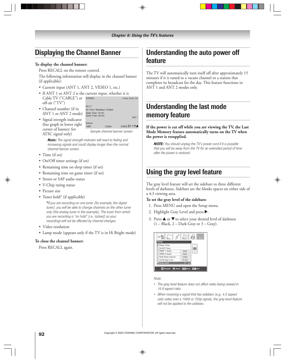 Displaying the channel banner, Understanding the auto power off feature, Using the gray level feature | Toshiba 46HM15 User Manual | Page 92 / 112
