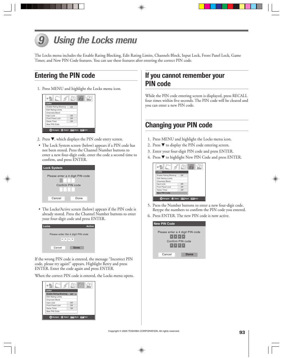 Using the locks menu, If you cannot remember your pin code, Entering the pin code changing your pin code | Press menu and highlight the locks menu icon | Toshiba 46HM15 User Manual | Page 93 / 112