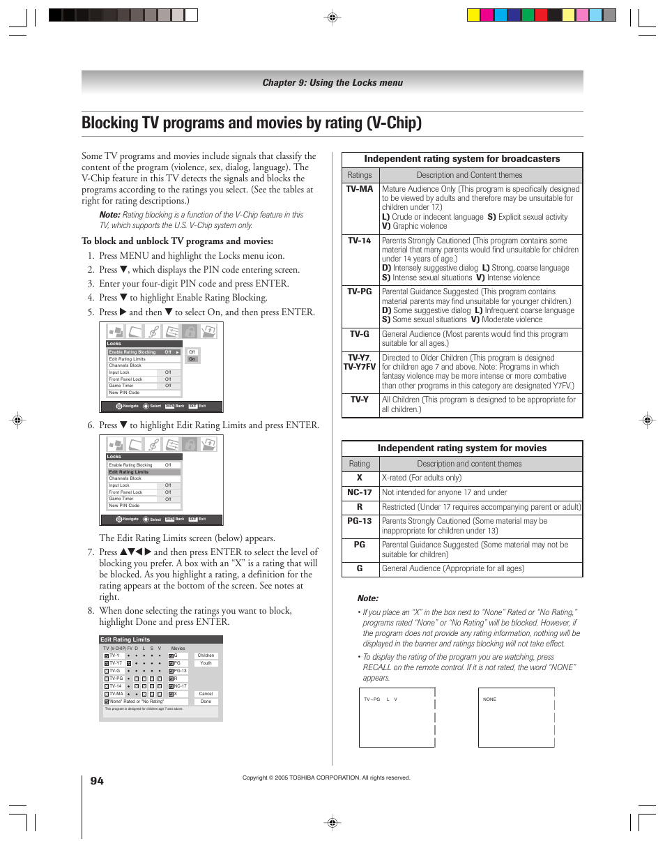 Blocking tv programs and movies by rating (v-chip), Chapter 9: using the locks menu, Independent rating system for broadcasters | Independent rating system for movies | Toshiba 46HM15 User Manual | Page 94 / 112