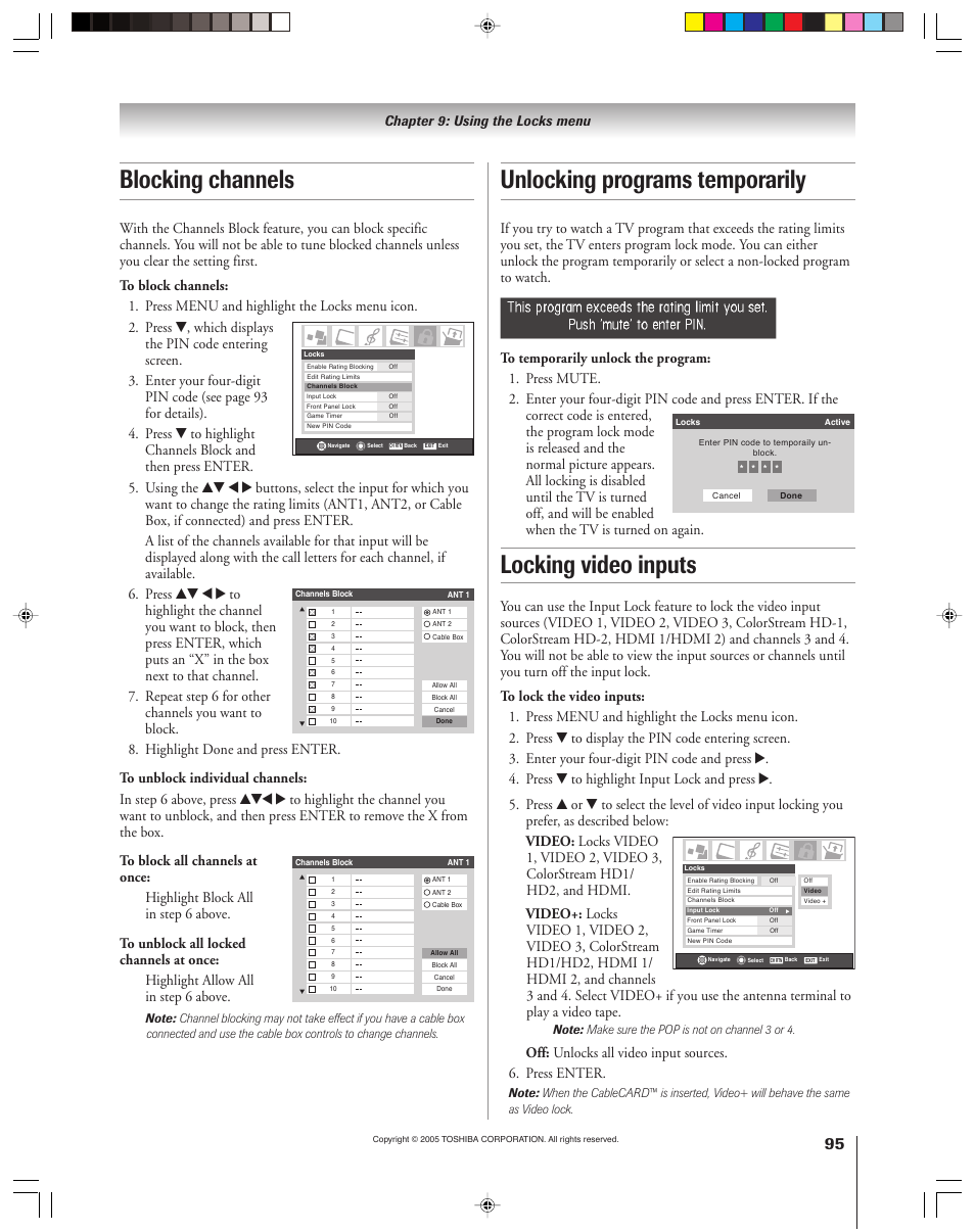 Locking video inputs, Blocking channels, Unlocking programs temporarily | Chapter 9: using the locks menu | Toshiba 46HM15 User Manual | Page 95 / 112