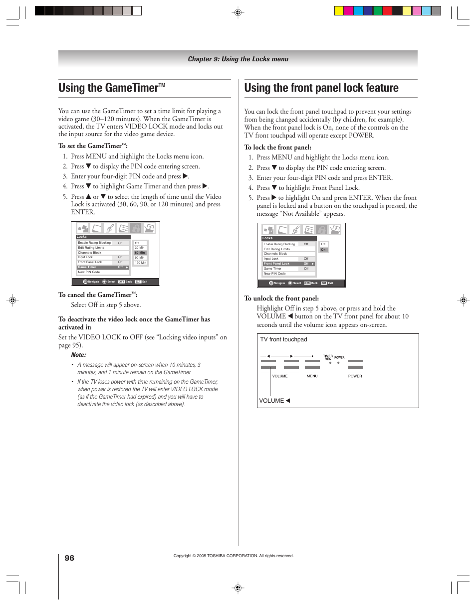 Using the gametimer, Using the front panel lock feature | Toshiba 46HM15 User Manual | Page 96 / 112