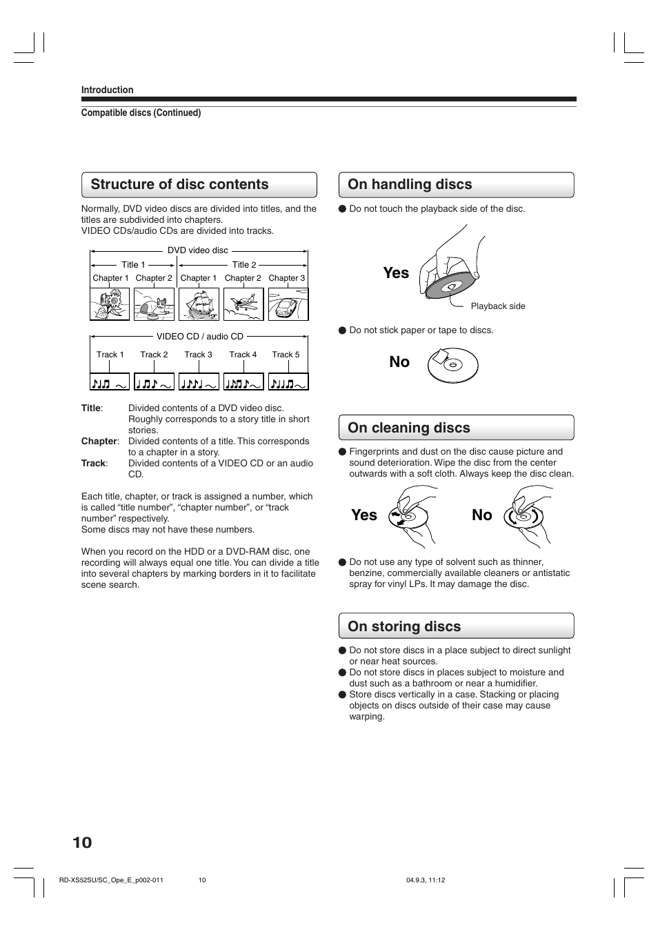 Yes no no, On handling discs, On cleaning discs | On storing discs, Structure of disc contents | Toshiba RD-XS52SC User Manual | Page 10 / 179