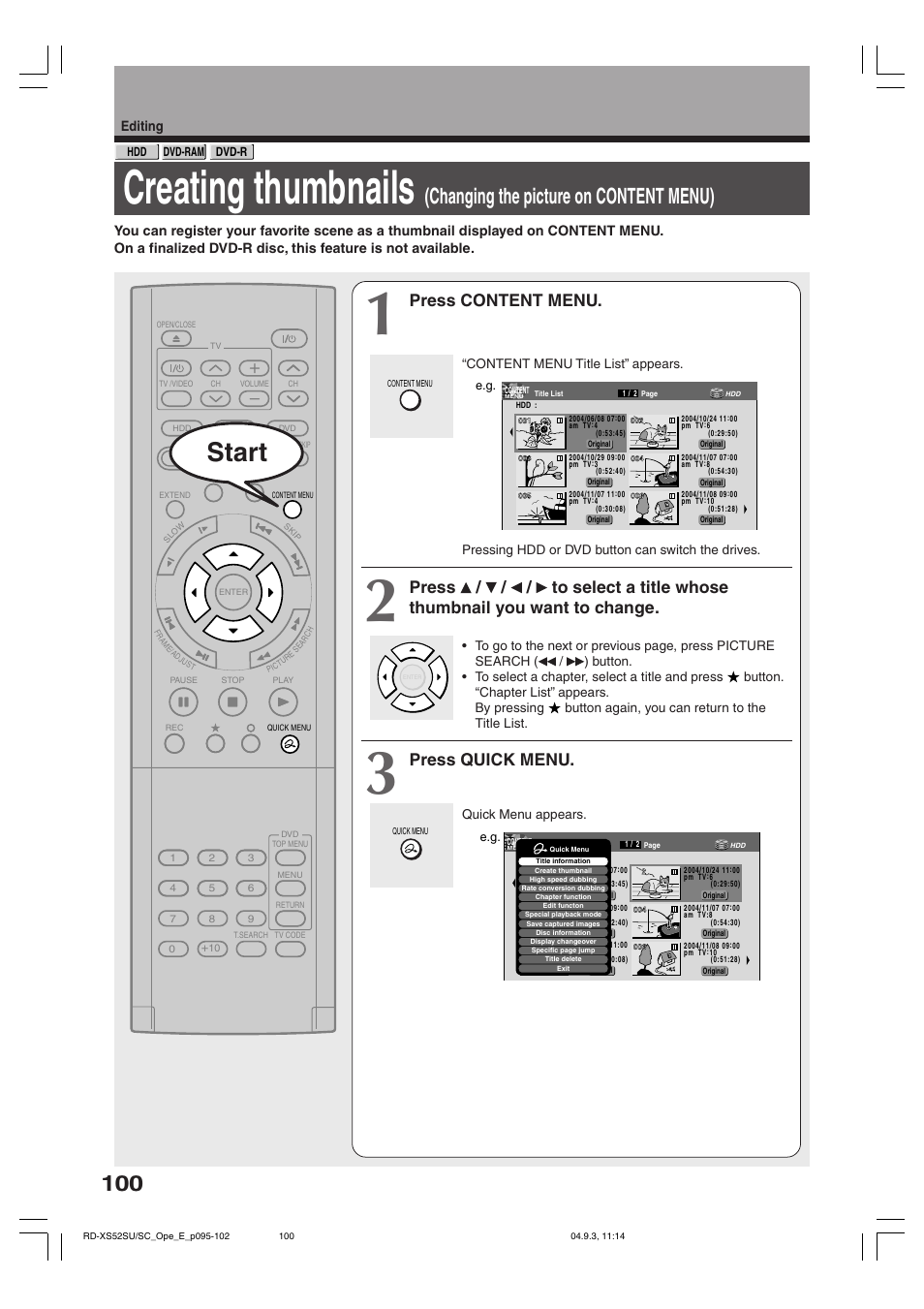 Creating thumbnails, Start, Changing the picture on content menu) | Press content menu, Press quick menu, Editing | Toshiba RD-XS52SC User Manual | Page 100 / 179